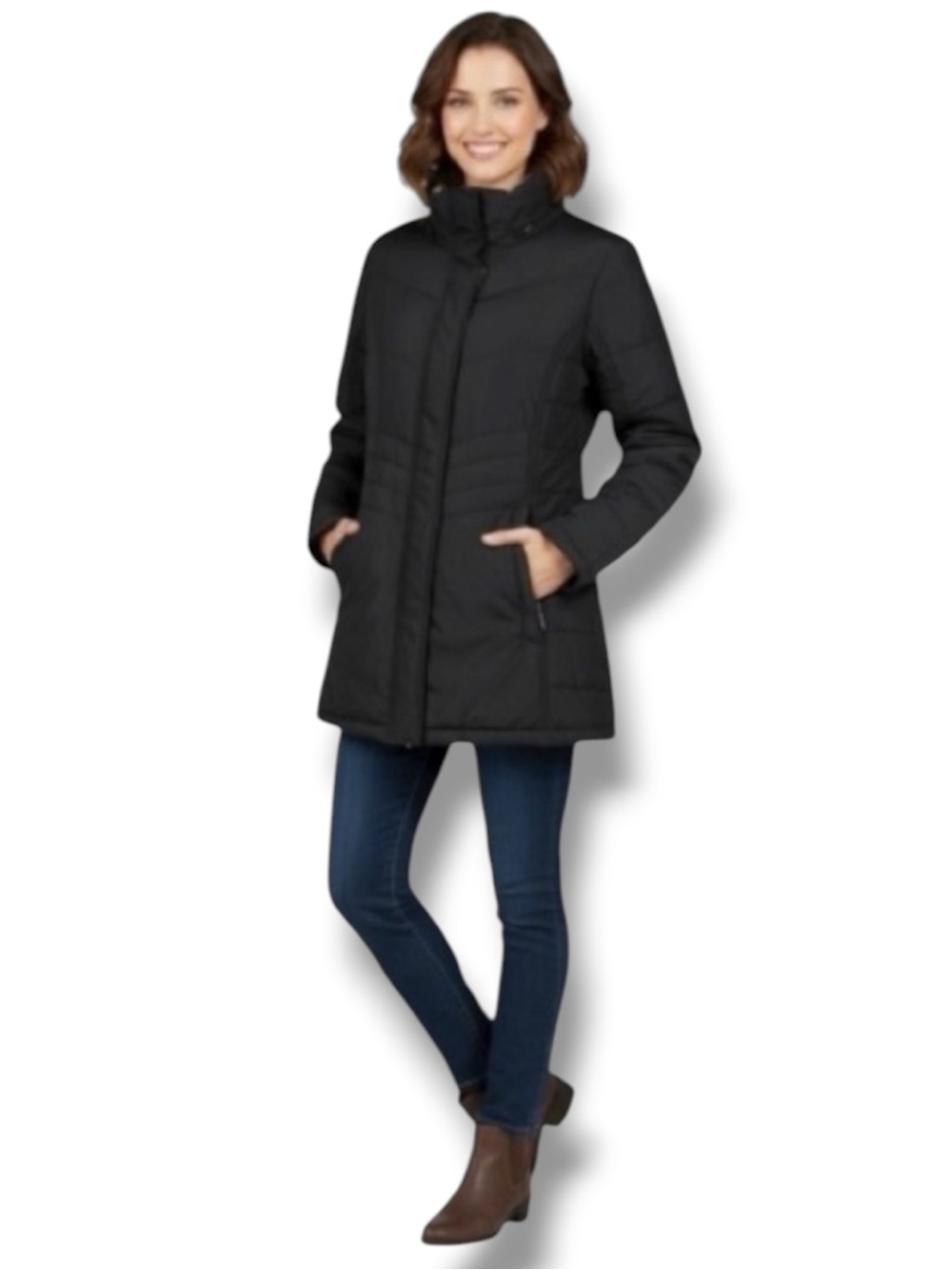 Swiss Tech Retro Black Quilted Mid-Length Puffer Jacket Fleece Collar M 8-10